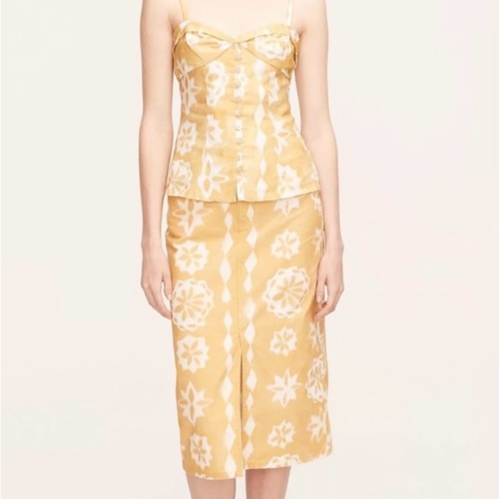 NWOT Rebecca Taylor Mustard Yellow Cotton Canvas Floral MIDI Skirt, Size 16